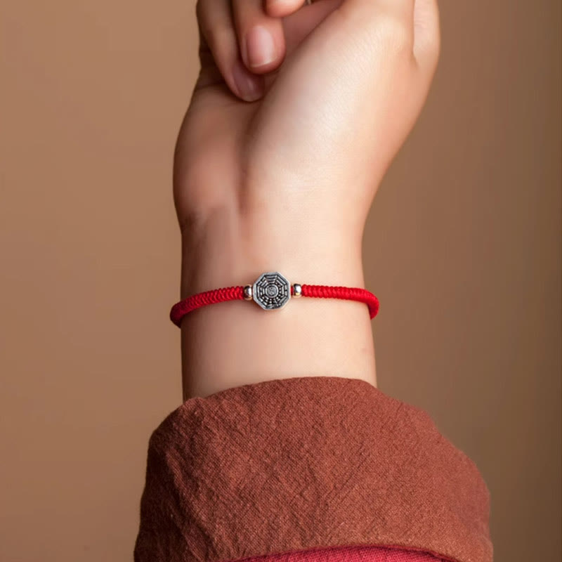 Wear FengShui 925 Sterling Silver Yin Yang Bagua Symbol Cinnabar String Concentration Bracelet