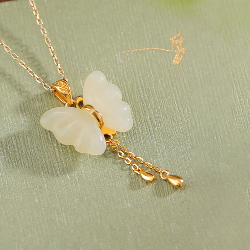 Wear FengShui 925 Sterling Silver Plated Gold Hetian White Jade Butterfly Blessing Necklace Pendant