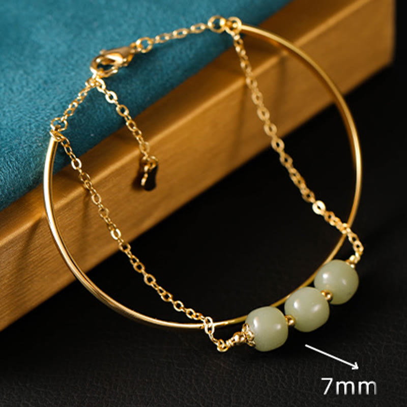 Wear FengShui Copper Plated Gold Hetian Jade Bead Luck Double Layer Bracelet Bangle