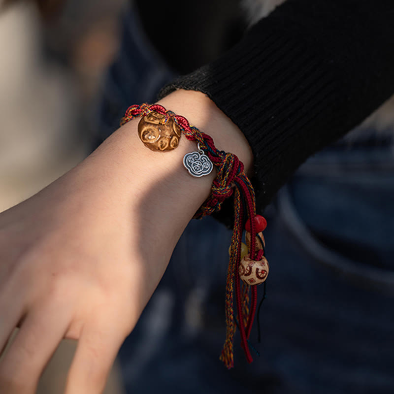 Wear FengShui Tibetan Handmade Colorful Thread 925 Sterling Silver Koi Fish Protection Strength String Bracelet