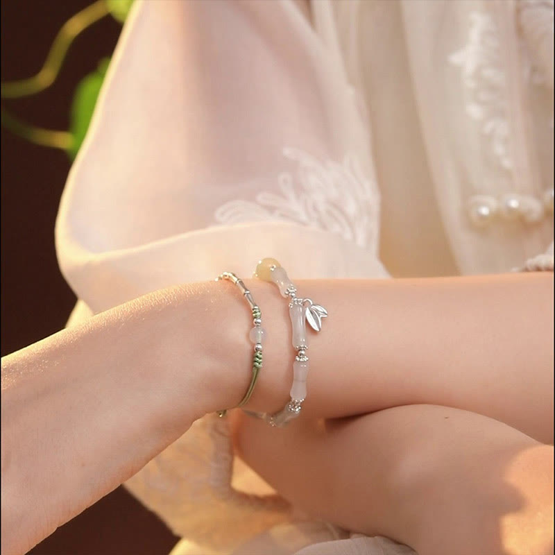 Wear FengShui 925 Sterling Silver Natural Tianshan Jade Bamboo Charm Luck Bracelet