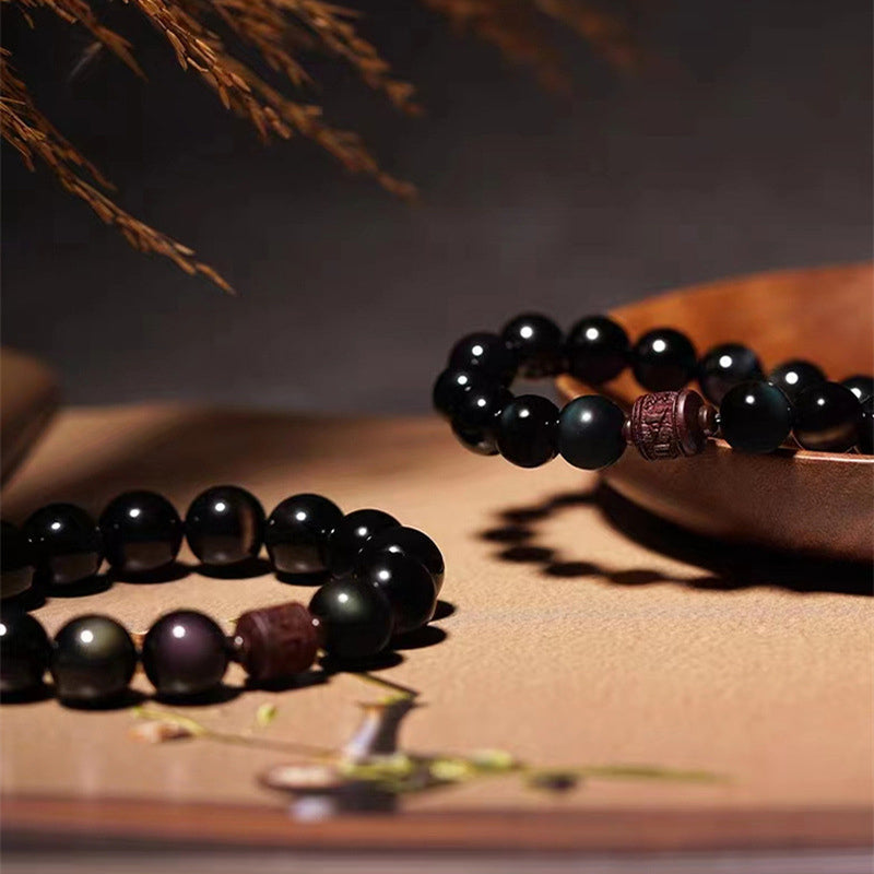Wear FengShui Natural Gold Sheen Obsidian Rainbow Obsidian Om Mani Padme Hum Fu Character Healing Bracelet