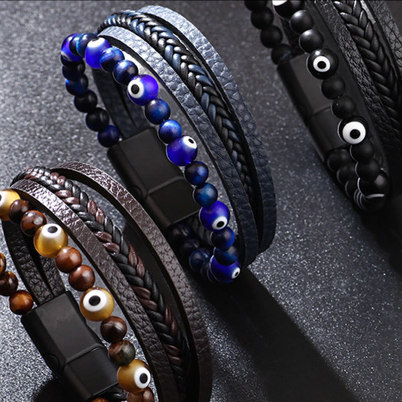 Wear FengShui Evil Eye Tiger Eye Protection Beaded Multilayered Braided Bracelet