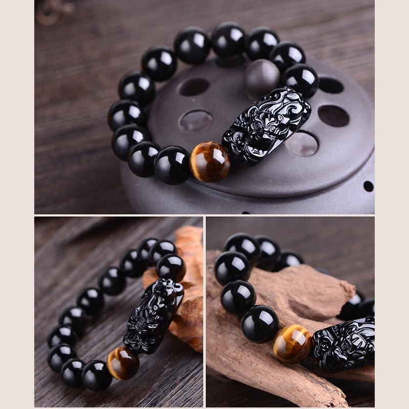 Wear FengShui Natural Black Obsidian PiXiu Tiger's Eye Strength Bracelet