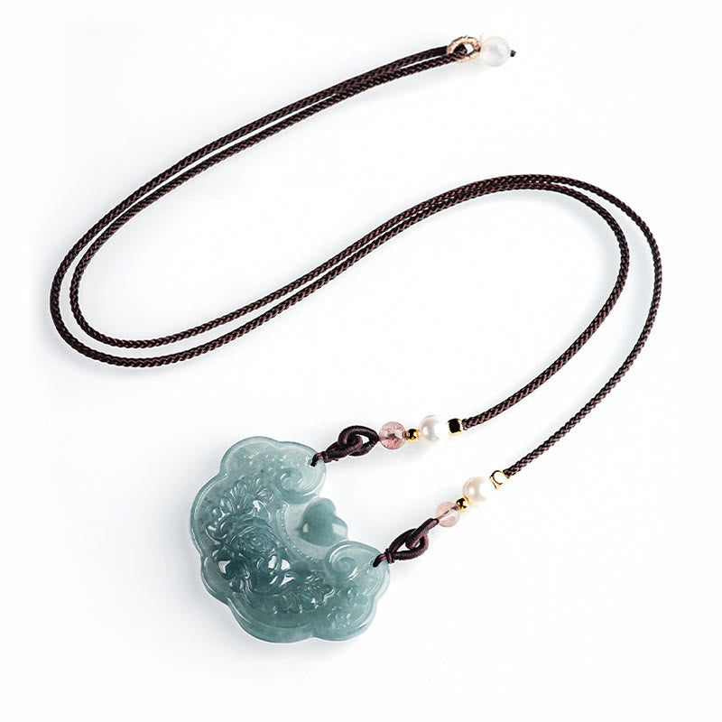 Wear FengShui Natural Jade Peony Flower Lock of Good Wishes Prosperity Necklace Pendant
