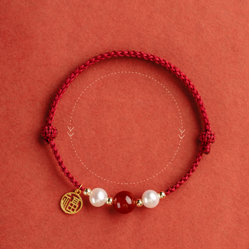 Wear FengShui 925 Sterling Silver Good Fortune Fu Character Agate Pearl Red String Braid Bracelet