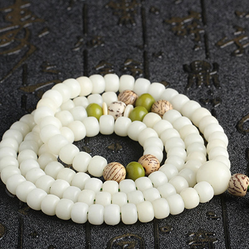 Wear FengShui White Jade Bodhi Lotus Mala Harmony Necklace Bracelet