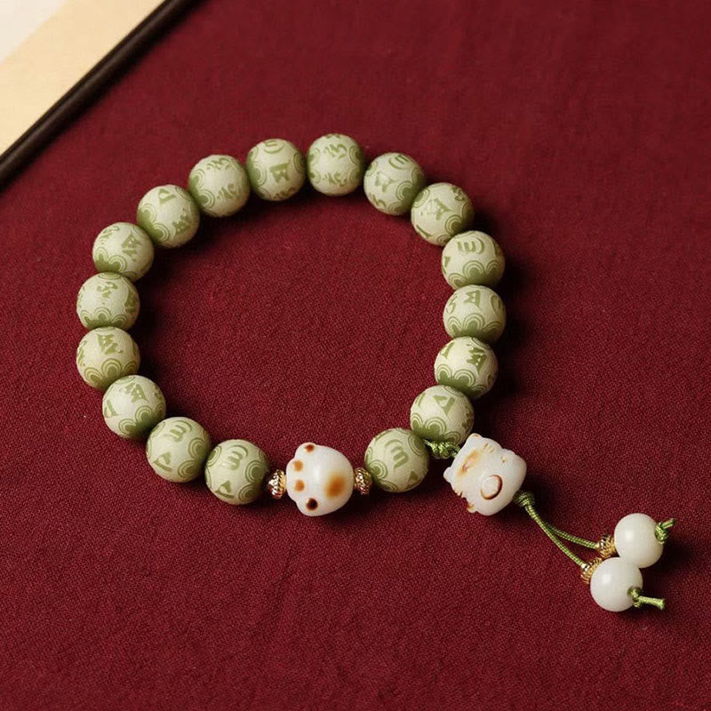 Wear FengShui Green Bodhi Seed Cat Paw Om Mani Padme Hum Engraved Wisdom Bracelet
