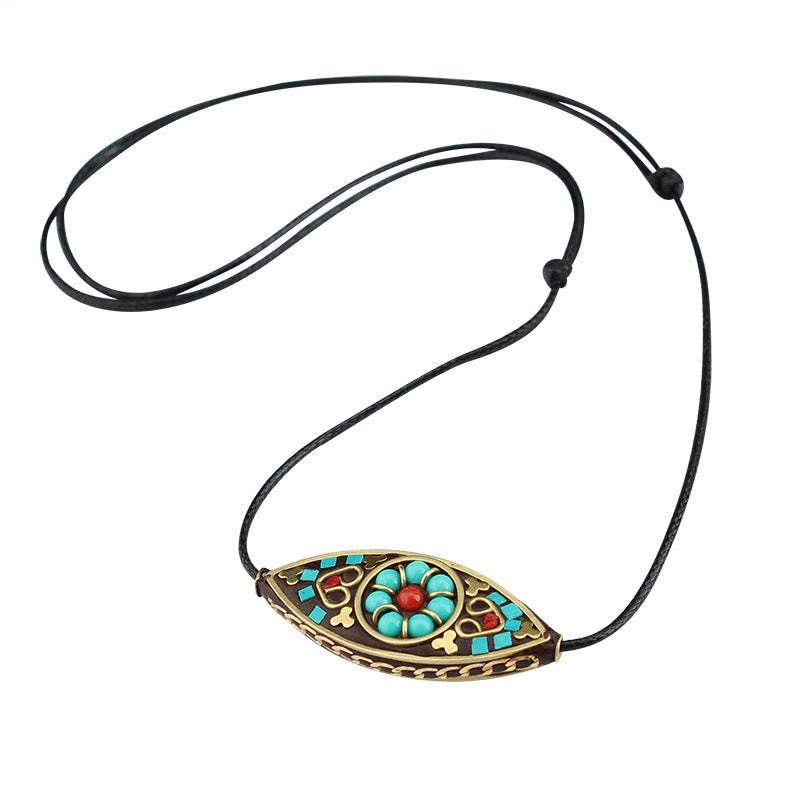 Wear FengShui Tibet Turquoise Bead Marquise Pattern Protection Strength Necklace Pendant