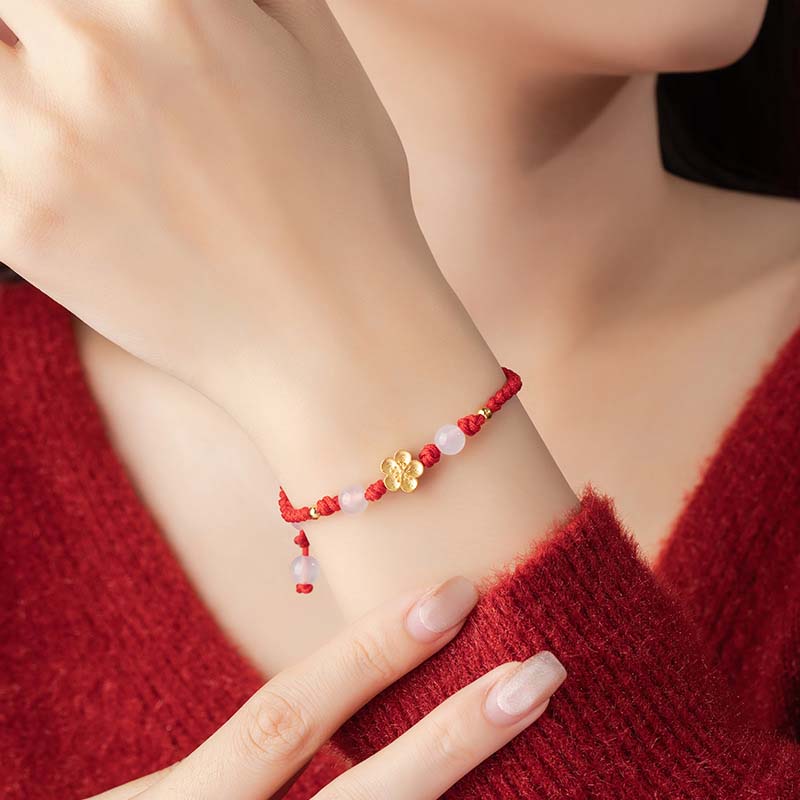 Wear FengShui Handmade 925 Sterling Silver Peach Blossom Cherry Sakura Chalcedony Bead Luck Red Rope Bracelet