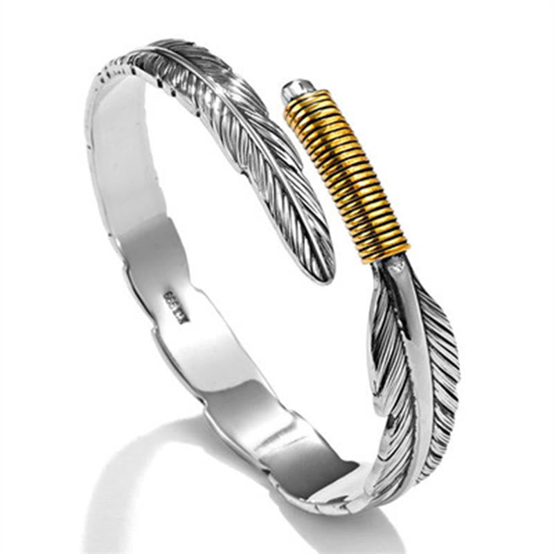 Wear FengShui Feather Pattern Engraved Luck Cuff Bracelet Bangle