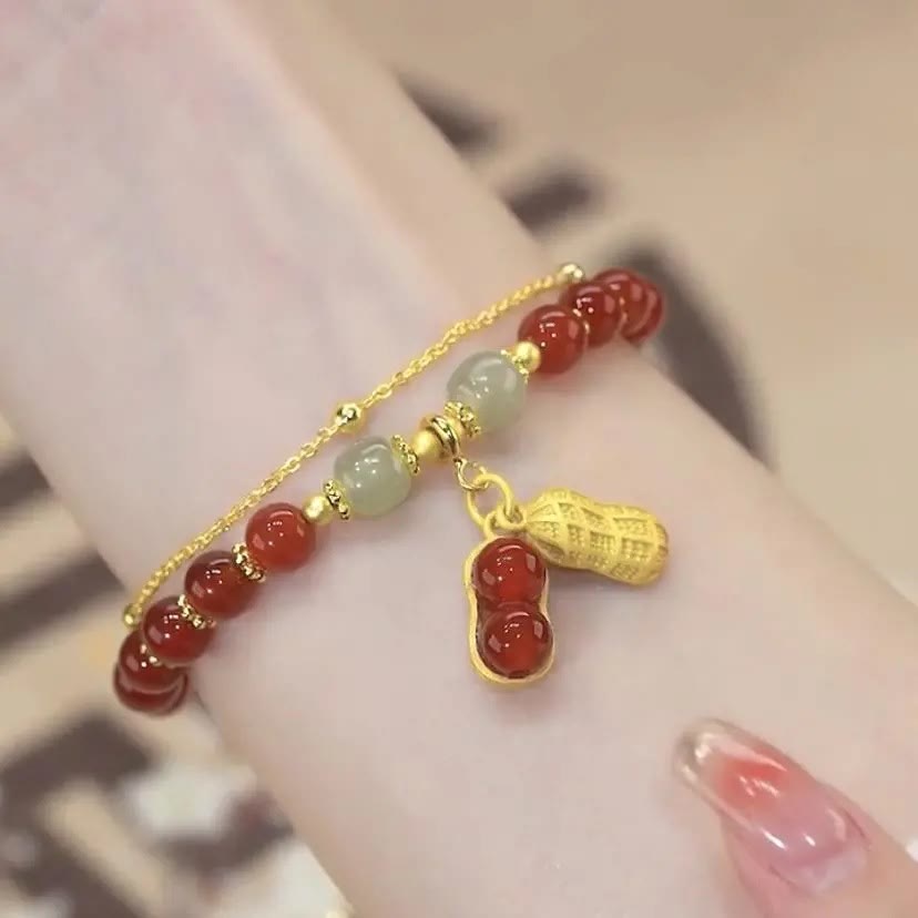 Wear FengShui Jade Leaf Ginkgo Tulip Peanut Fu Character Luck Beaded Bracelet