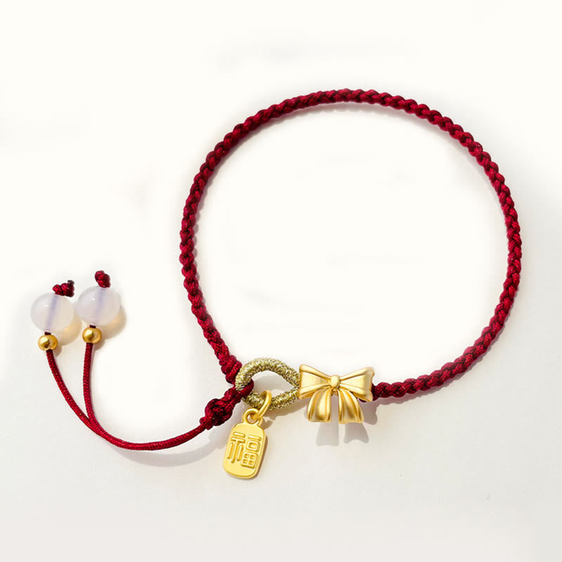 Wear FengShui Handmade Peach Blossom Rosette Bow Knot Fu Character Charm Luck Fortune Red Rope Bracelet
