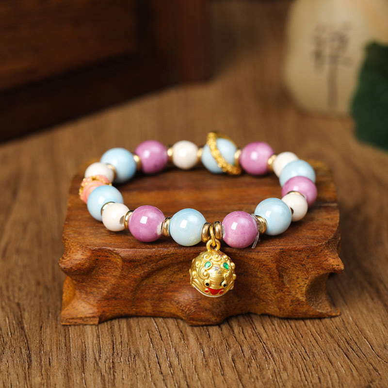 Wear FengShui Tibetan Zakiram Goddess of Wealth Rabbit Lion Head Charm Liuli Glass Incense Ash Porcelain Bead Protection Bracelet