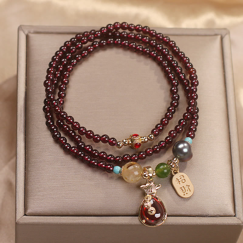 Wear FengShui Multi Layered Natural Garnet Jade Coin Money Bag Attracting Wealth Protection Bracelet