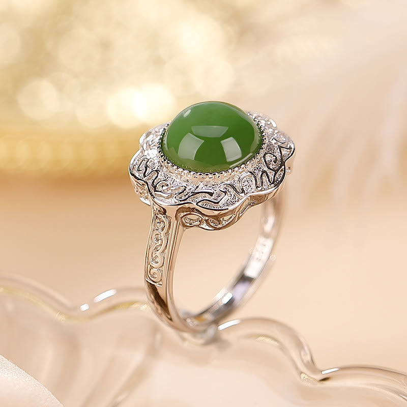 Wear FengShui 925 Sterling Silver Hetian Cyan Jade Flower Design Luck Adjustable Ring