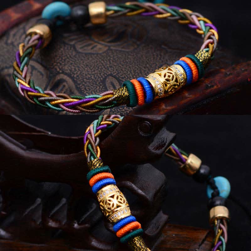 Wear FengShui Tibetan Handmade Eight Thread Knot Copper Coin Luck Weave String Bracelet
