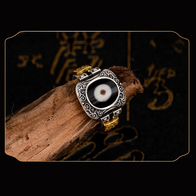 Wear FengShui 925 Sterling Silver Zakiram Goddess of Wealth Design Dzi Bead Protection Ring