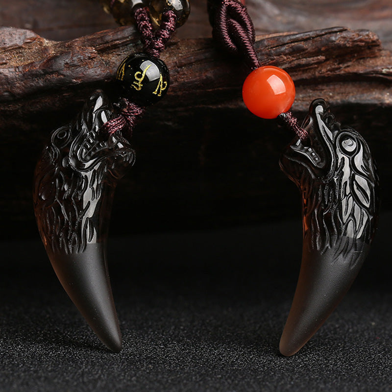 Wear FengShui Natural Ice Obsidian Wolf Tooth Pattern Courage Necklace Pendant