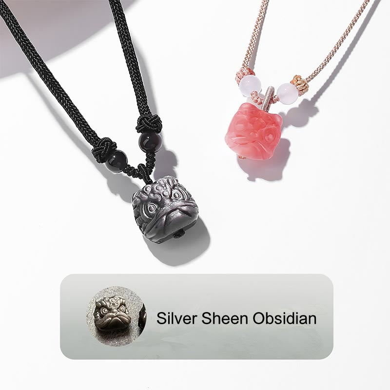 Wear FengShui Natural Silver Sheen Obsidian Red Agate Dancing Lion Protection Necklace Pendant