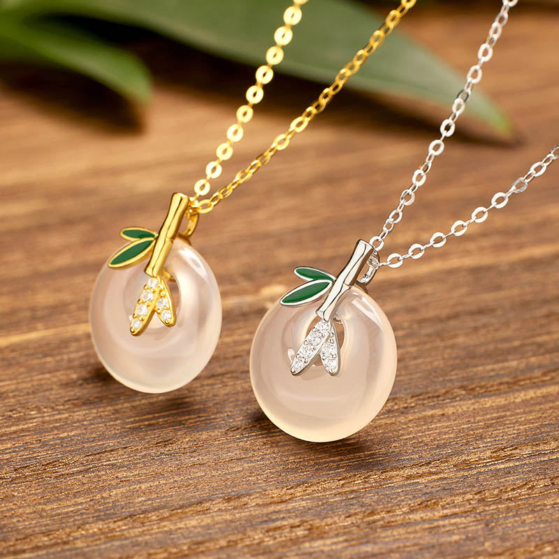 Wear FengShui 925 Sterling Silver Natural Chalcedony Bamboo Leaf Peace Buckle Positive Necklace Pendant
