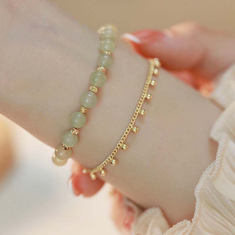 Wear FengShui 14K Gold Plated 2 Layers Hetian Jade Bead Luck Prosperity Bracelet