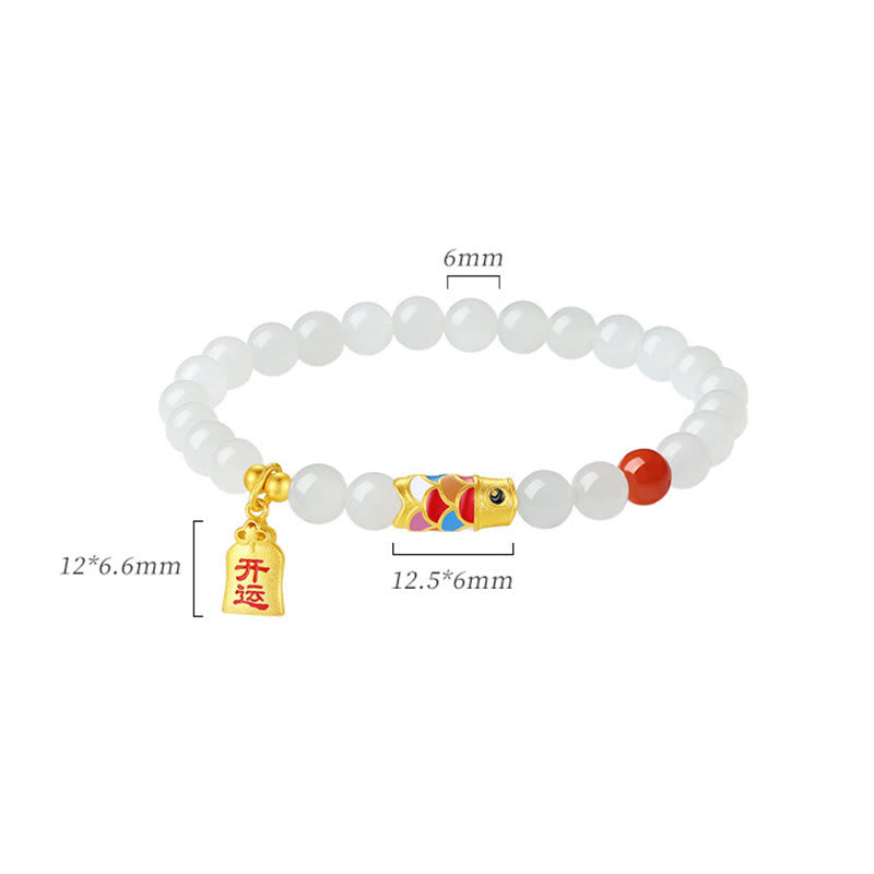 Wear FengShui 925 Sterling Silver Hetian White Jade Red Agate Koi Fish Luck Happiness Bracelet