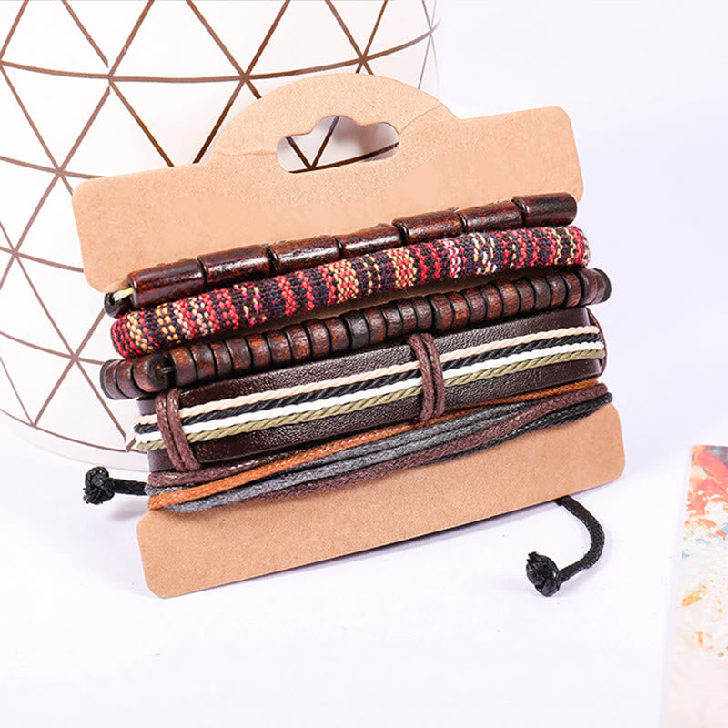 Wear FengShui Wrap Hemp Cords Wood Beads Leather Bracelet