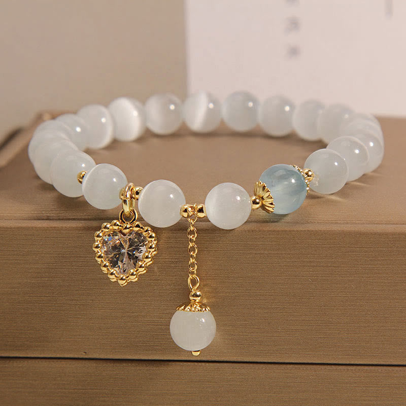 Wear FengShui Cat's Eye Crystal Heart Zircon Charm Peace Love Bracelet