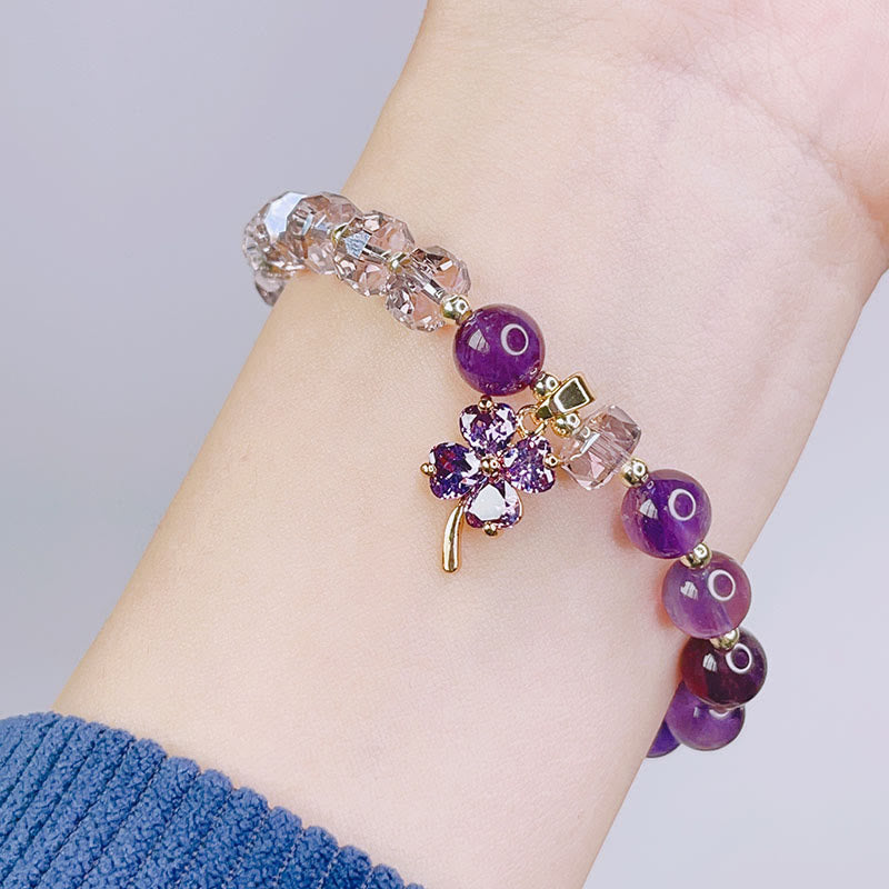 Wear FengShui Amethyst Crystal Four Leaf Clover Healing Charm Bracelet