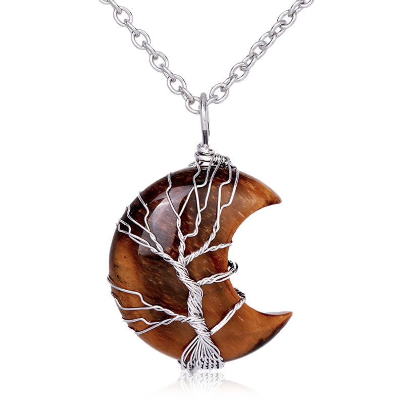 Wear FengShui Natural Quartz Crystal Moon Tree Of Life Healing Energy Necklace Pendant