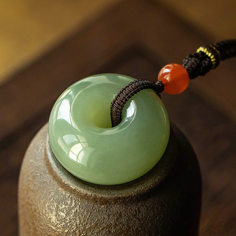 Wear FengShui Natural Round Jade Gray Jade Peace Buckle Luck Necklace Pendant