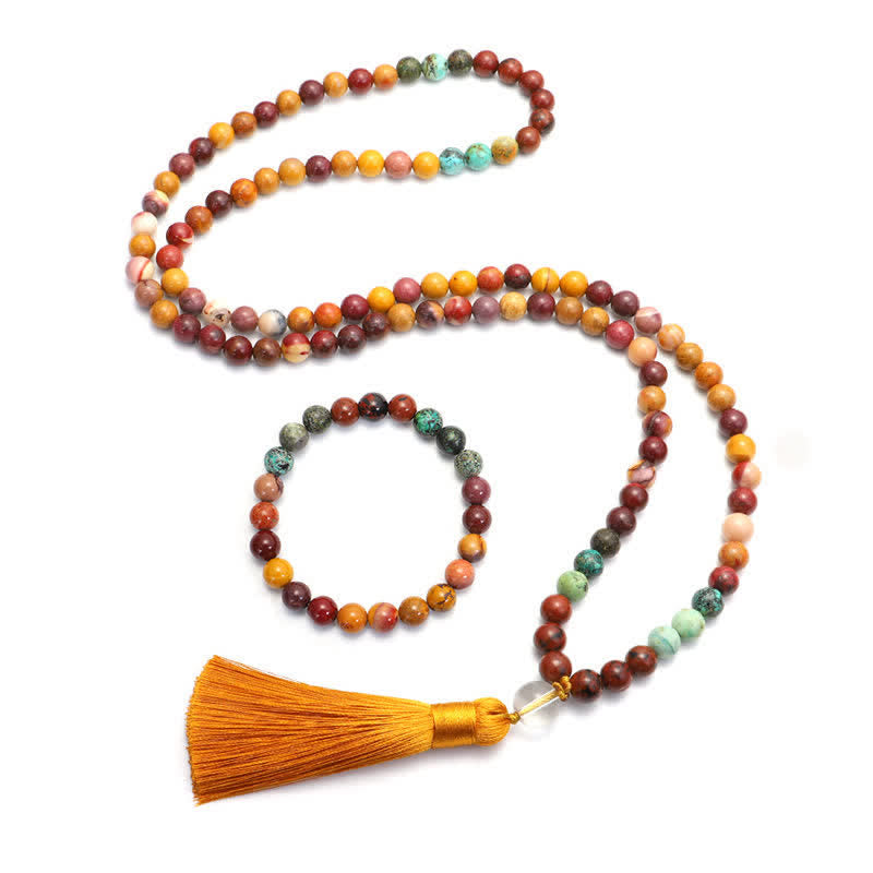 Wear FengShui 108 Mala Beads Mookaite Emotional Growth Bracelet Tassel Necklace Pendant