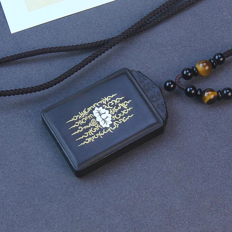 Wear FengShui 999 Sterling Silver Ebony Wood Lotus Inlaid Calm Necklace Pendant
