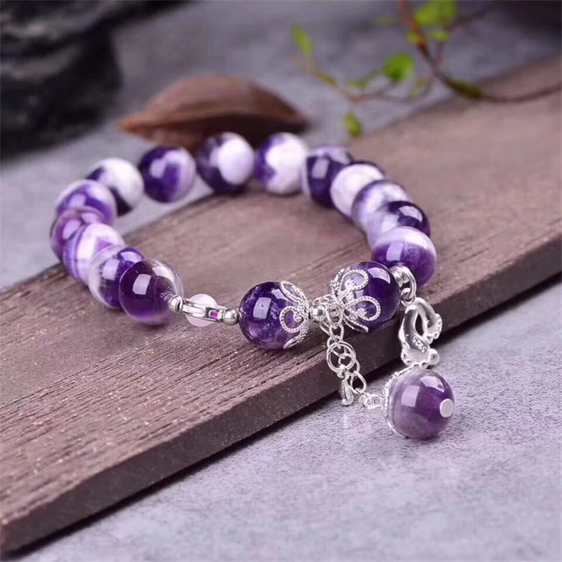 Wear FengShui 925 Sterling Silver Natural Amethyst Healing Feet Love Heart Charm Bracelet