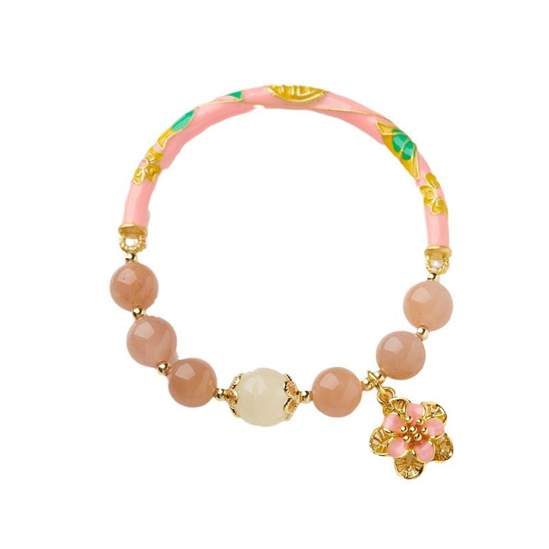 Wear FengShui Natural Sun Stone Golden Silk Jade Flower Charm Wealth Bracelet Bangle