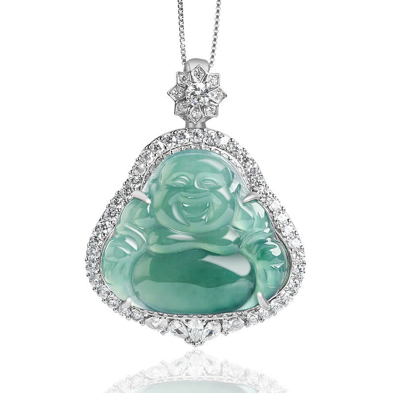 Wear FengShui Laughing Buddha Natural Jade Luck Abundance Titanium Steel Chain Necklace Pendant