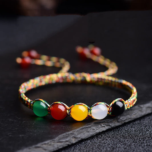 Wear FengShui Colorful Agate Metal Wood Water Fire Earth Five Elements String Bracelet