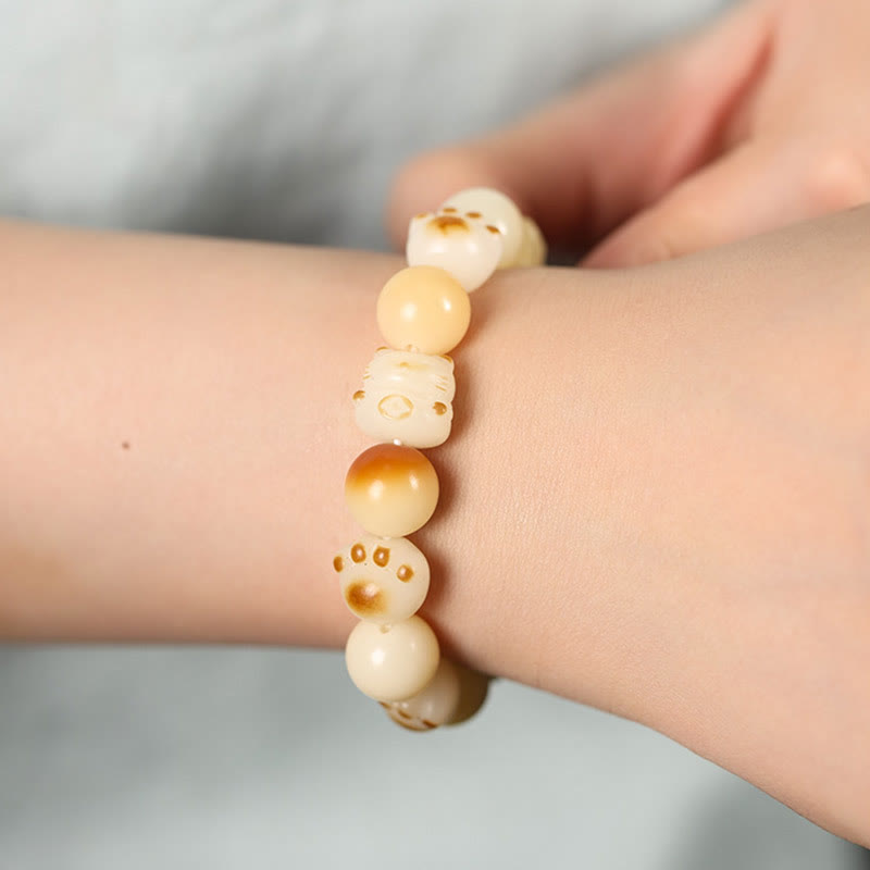 Wear FengShui Natural Bodhi Seed Sandalwood Lucky Cute Cat Head Paw Claw Peace Bracelet