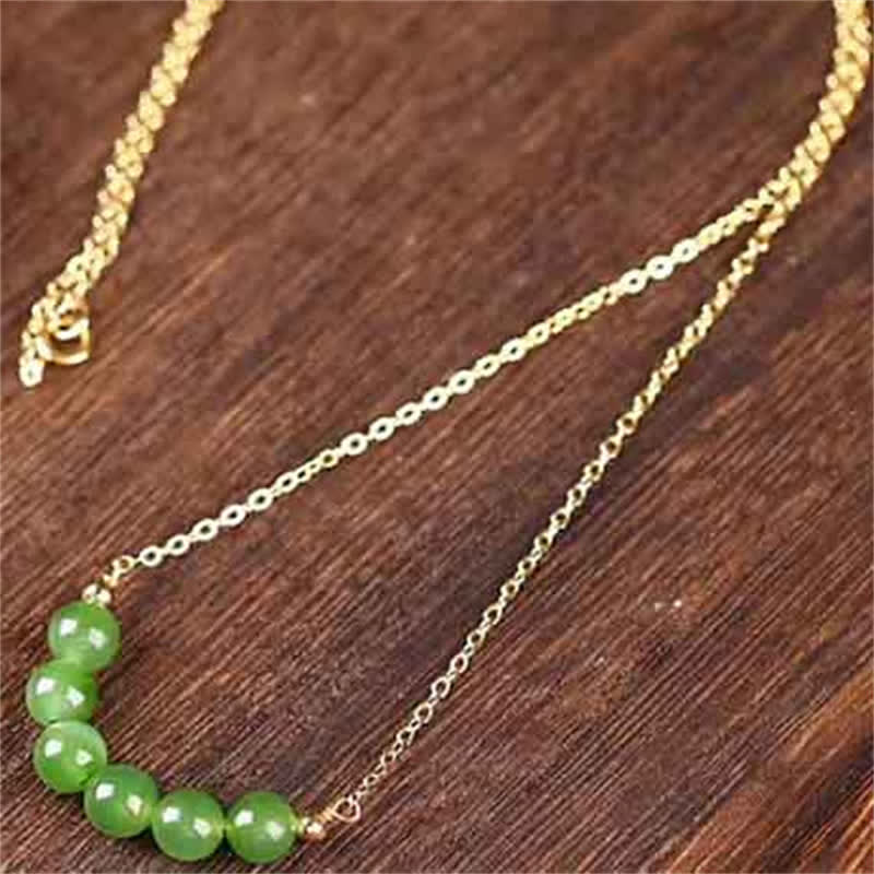 Wear FengShui 14k Gold Plated Hetian Cyan Jade Beaded Luck Necklace Pendant
