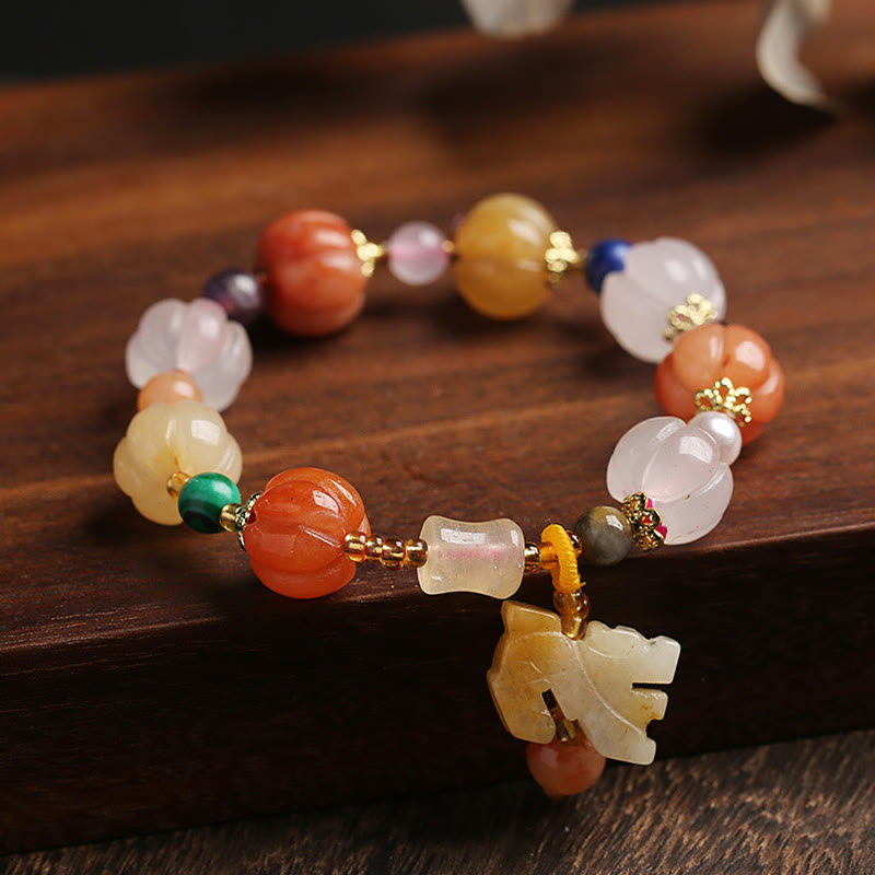 Wear FengShui Natural Golden Silk Jade Crystals Gourd Pixiu Pumpkin Beads Wealth Charm Bracelet