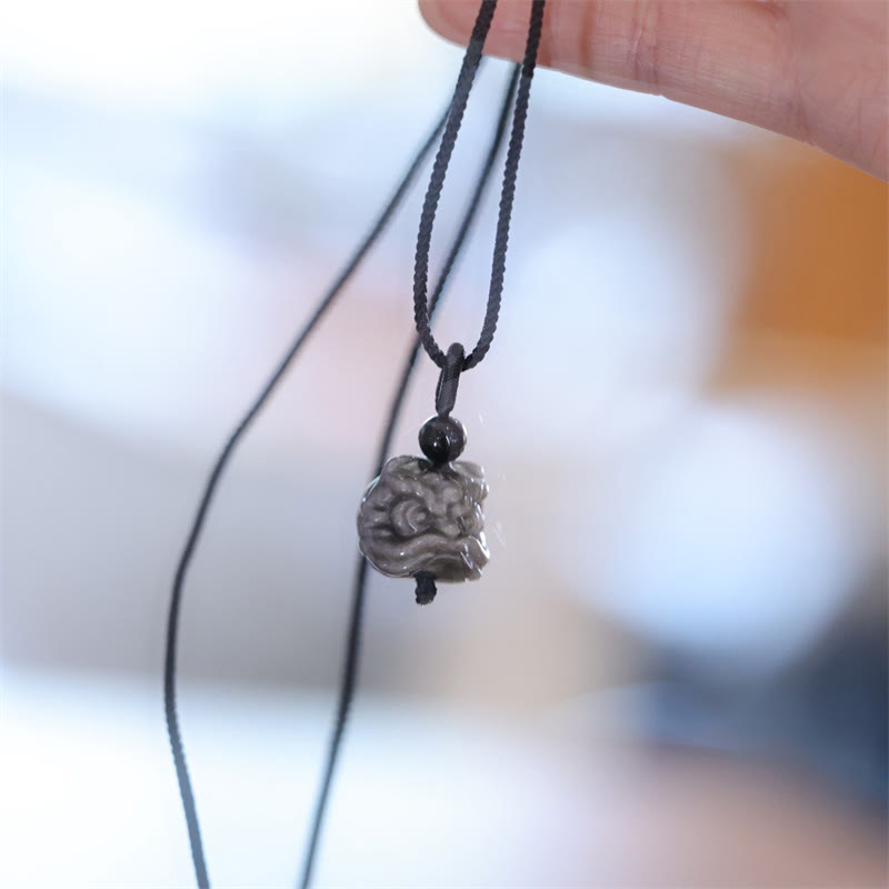 Wear FengShui Natural Silver Sheen Obsidian Dancing Lion Protection Necklace Pendant