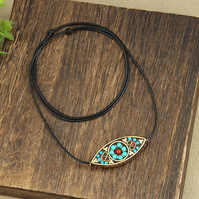 Wear FengShui Tibet Turquoise Bead Marquise Pattern Protection Strength Necklace Pendant