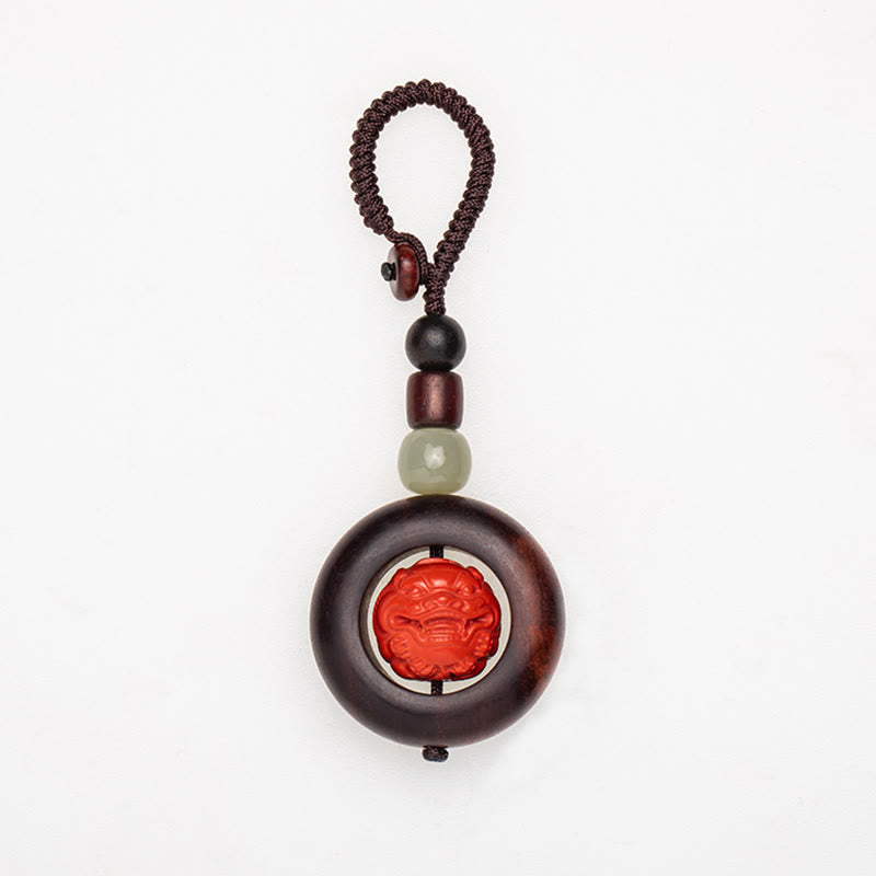 Wear FengShui Tibet Om Mani Padme Hum PiXiu Copper Coin Small Leaf Red Sandalwood Cinnabar Protection Key Chain