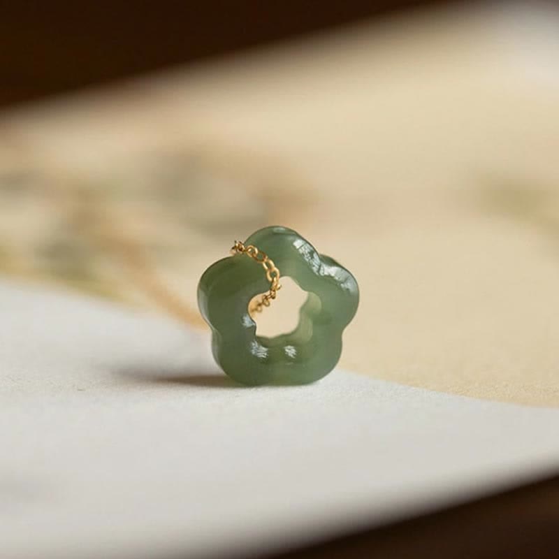 Wear FengShui Dainty Hetian Jade Cyan Jade Luck Floral Charm Necklace Pendant