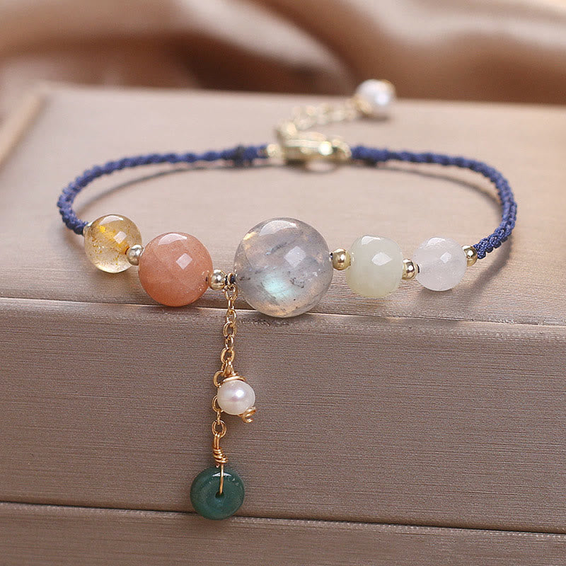 Wear FengShui Moonstone Sunstone Beads Peace Buckle Charm Healing Bracelet