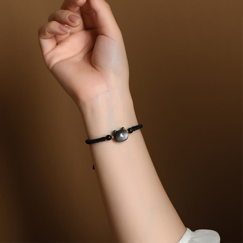 Wear FengShui Handmade Natural Silver Sheen Obsidian Strawberry Quartz Cute Cat Protection Braided Bracelet