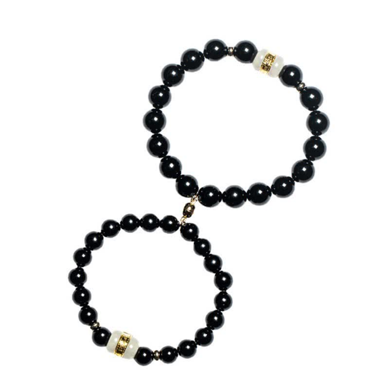 Wear FengShui Black Obsidian Jade Om Mani Padme Hum Strength Couple Magnetic Bracelet