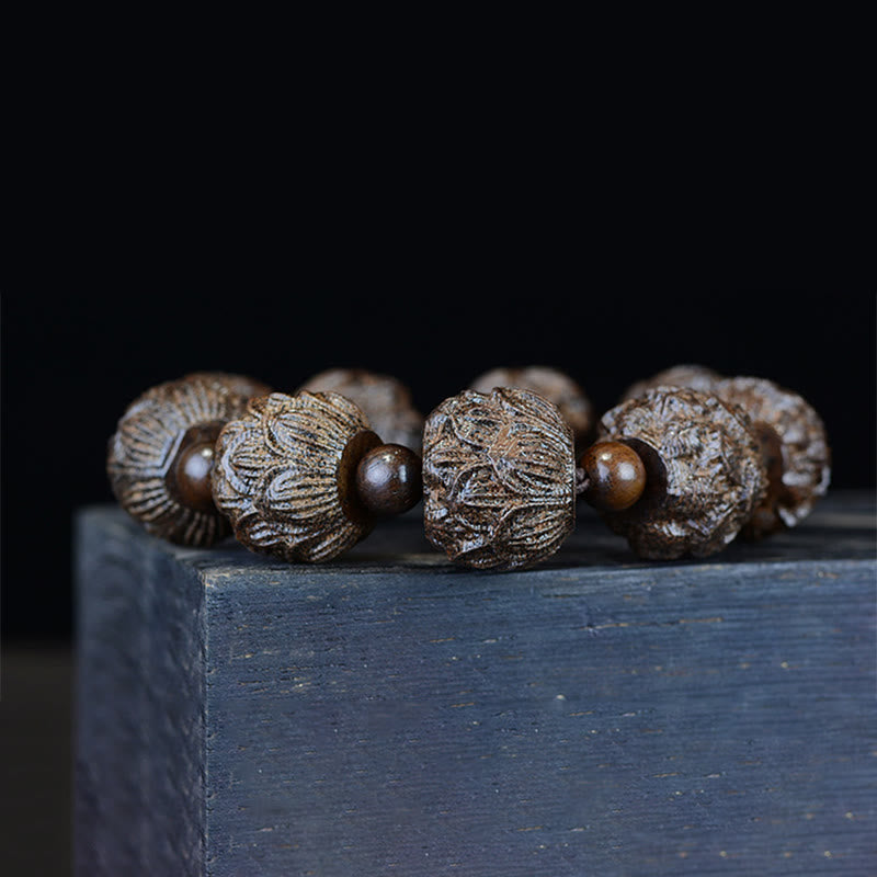 Wear FengShui Ebony Wood Eighteen Arhats Lotus Dragon Engraved Balance Bracelet