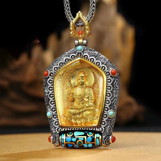 Wear FengShui Tibet Chinese Zodiac Natal Buddha Thangka Prosperity Rotatable Dzi Bead Necklace Pendant